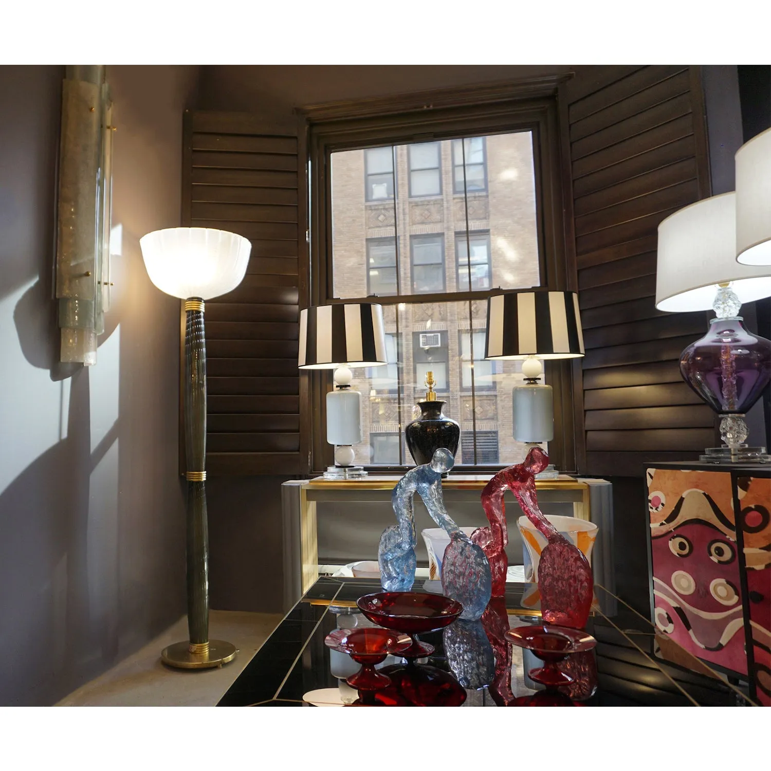 1950s Barovier Toso Olive Grey White Murano Glass Floor Lamp on Round Brass Base