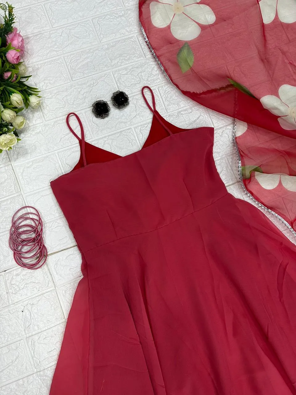 Adorable Look Red Color Anarkali Gown with Organza Dupatta