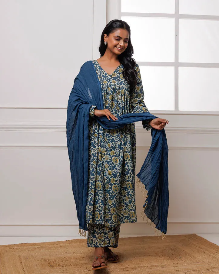 Aqua Blue Hand Block Printed Suit Set With Dupatta