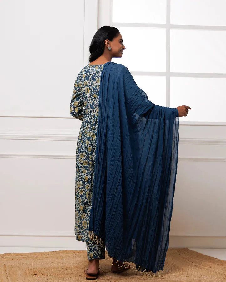 Aqua Blue Hand Block Printed Suit Set With Dupatta