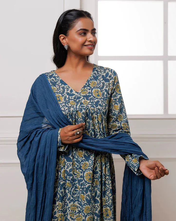 Aqua Blue Hand Block Printed Suit Set With Dupatta