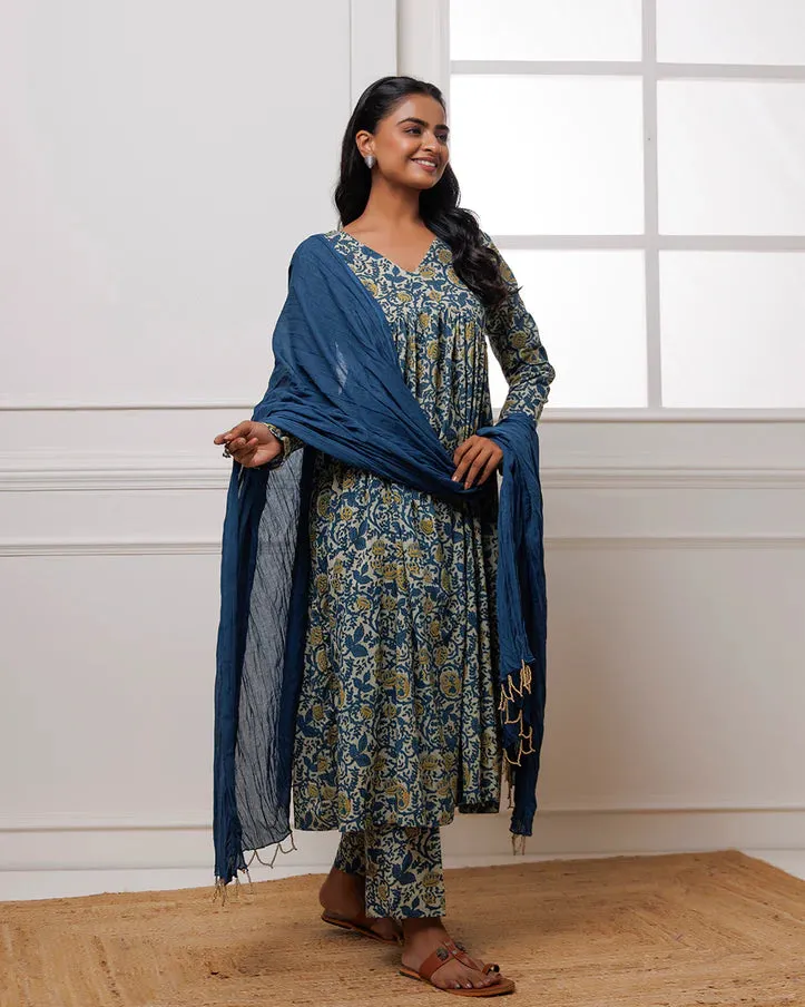Aqua Blue Hand Block Printed Suit Set With Dupatta