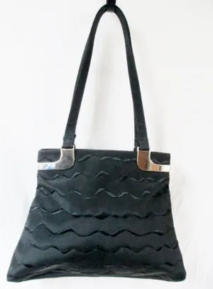 BARUCCI Nylon Embroidered Wave Vegan TOTE Shoulder BAG BLACK Carryall Pyramid