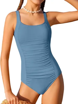 BAVEDER Girls Swimsuit One Piece Swimsuits Solid Ruched Bathing Suit for Girls Full Coverage Modest Padded Swimwear 9-16y