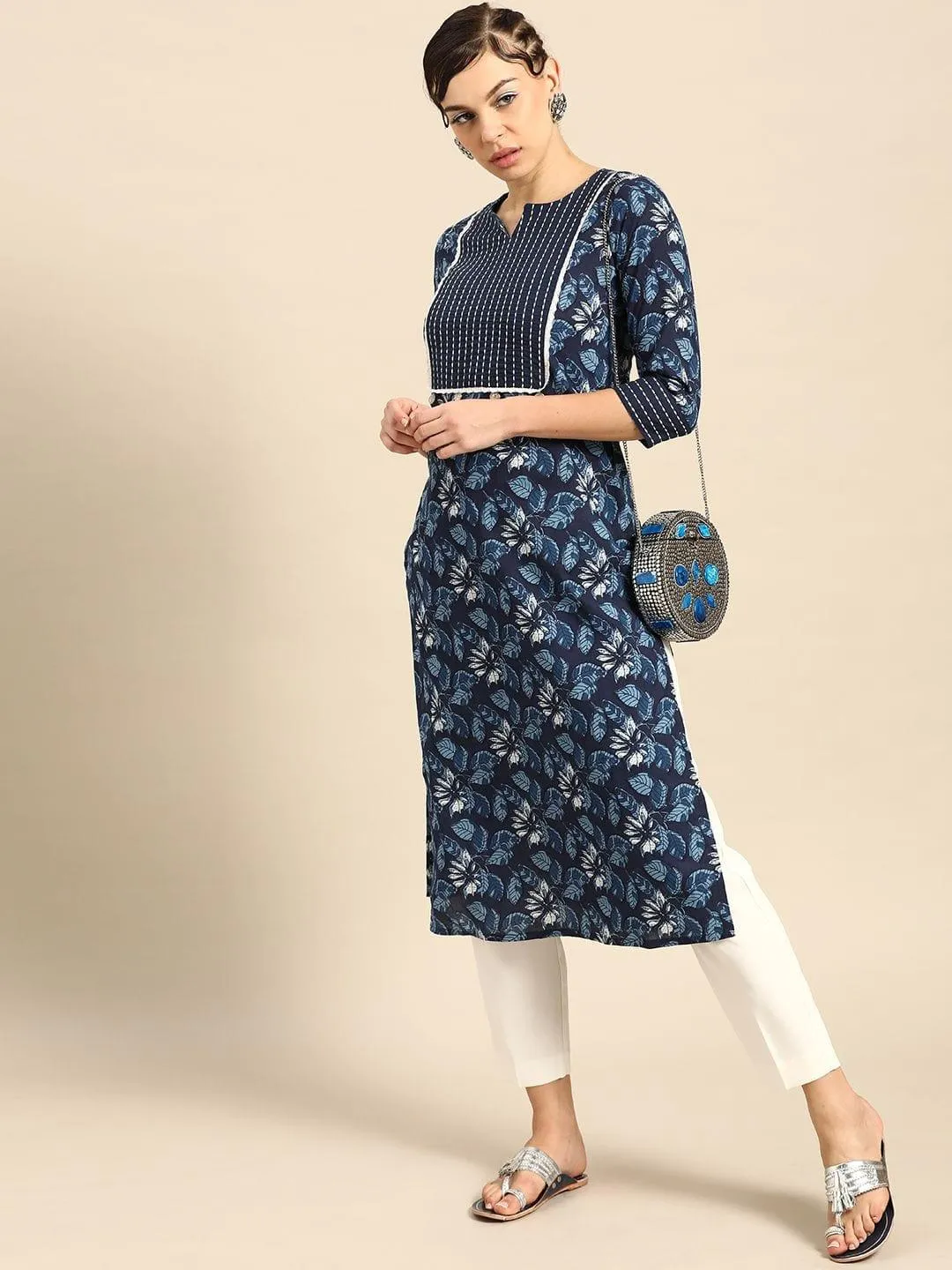 Blue & White Floral Printed Thread Work Pure Cotton Indigo Kurta