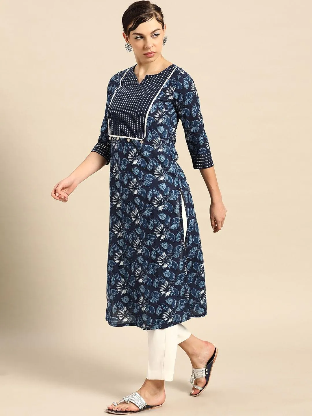 Blue & White Floral Printed Thread Work Pure Cotton Indigo Kurta