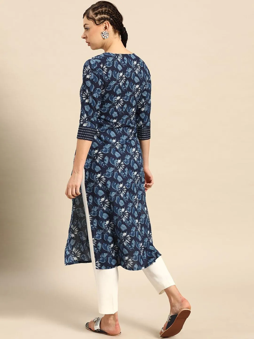 Blue & White Floral Printed Thread Work Pure Cotton Indigo Kurta