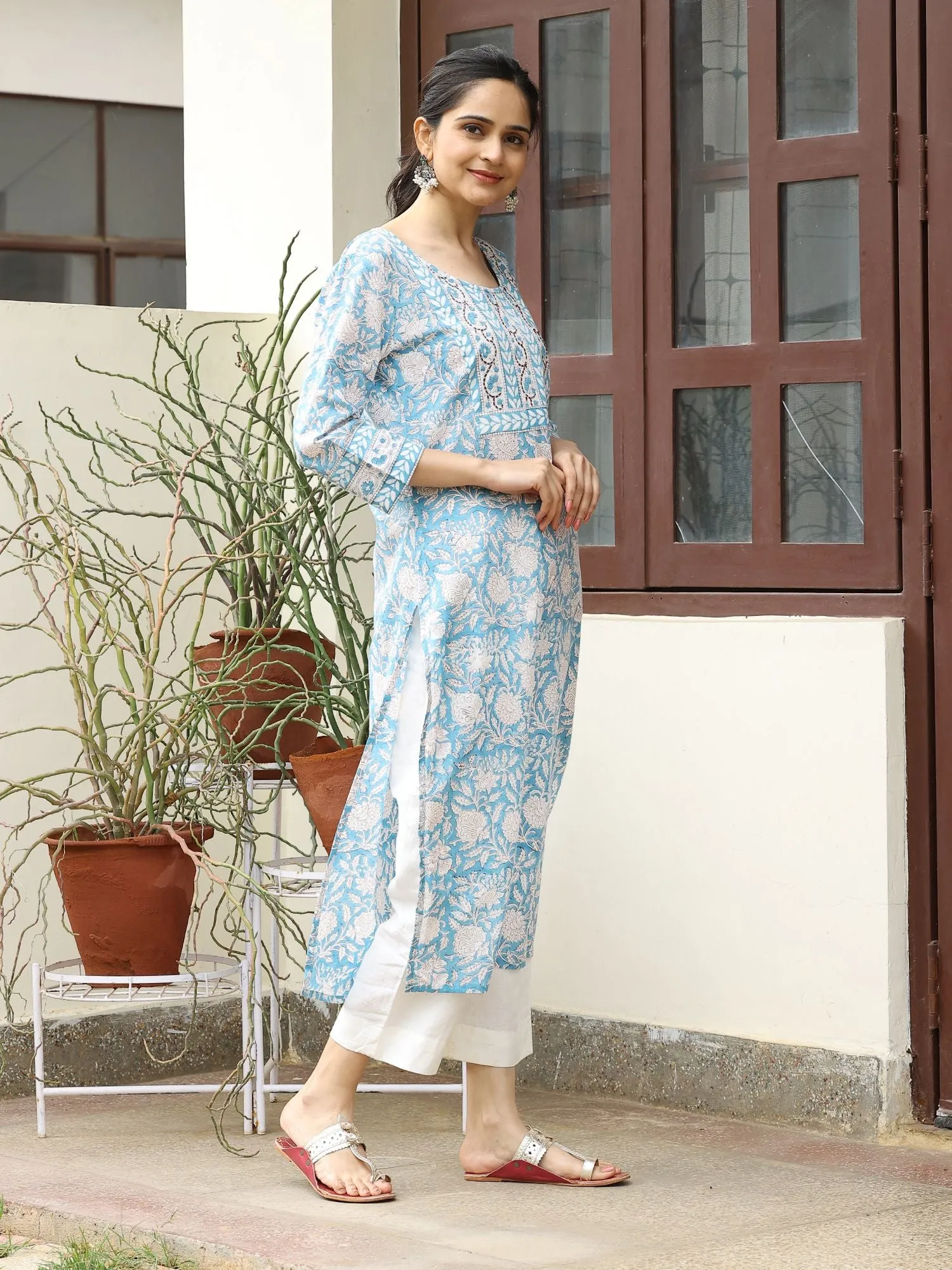 Blue Kantha Hand Block Bagru Floral Printed Kurta