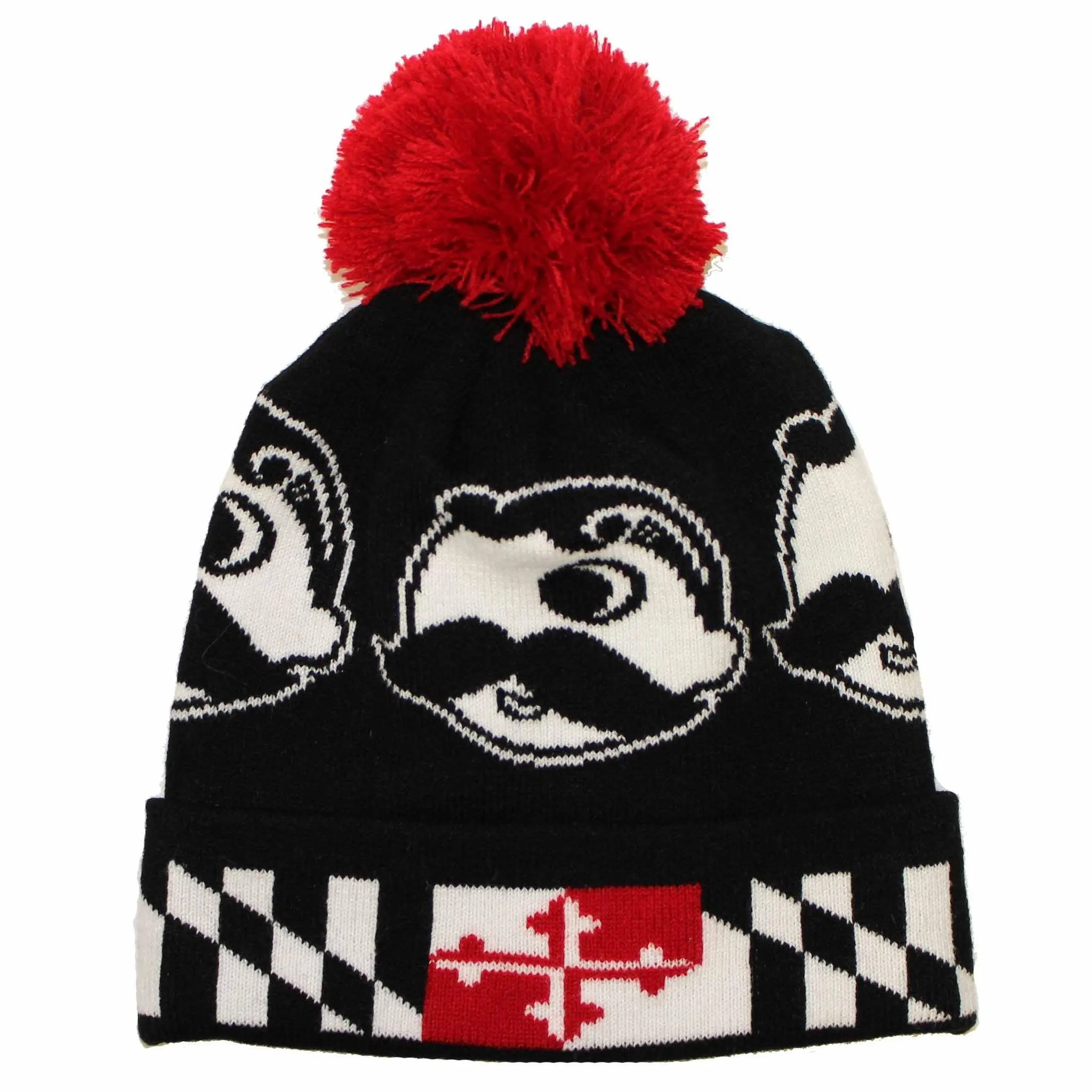 Boh Logo w/ Maryland Flag Brim (Black w/ Red Pom) / Knit Beanie Cap