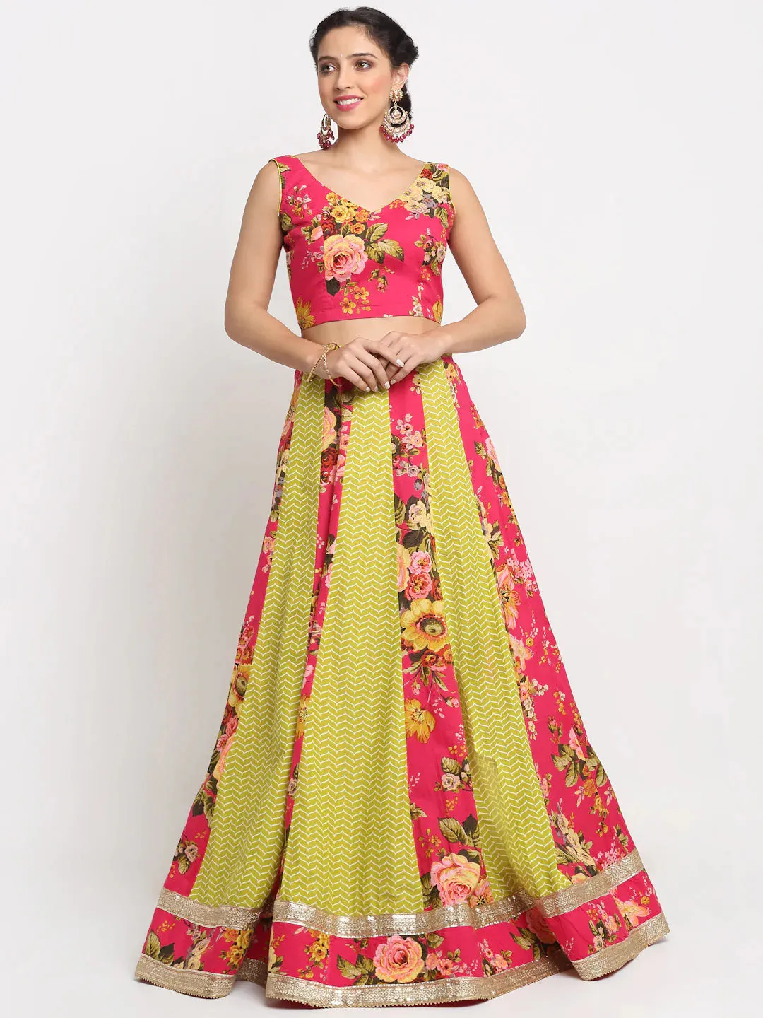 Cotton Pink & Green Lehenga Choli Set with Chinon Dupatta