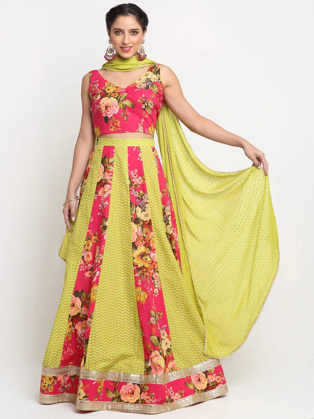 Cotton Pink & Green Lehenga Choli Set with Chinon Dupatta