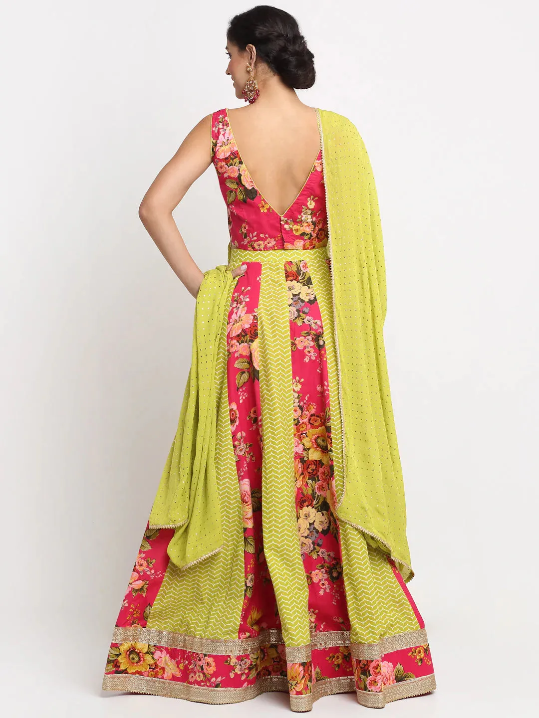 Cotton Pink & Green Lehenga Choli Set with Chinon Dupatta