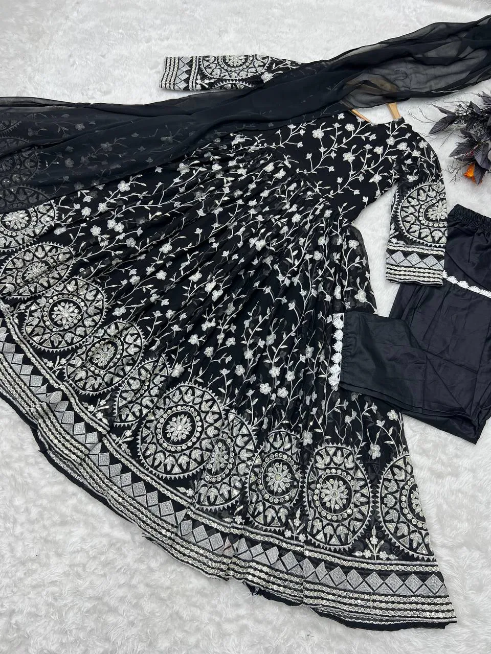 Designer Black Color Thread Work Gown