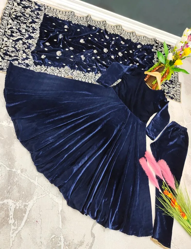Designer Teal Blue Color Velvet Gown with Embroidery Work Dupatta