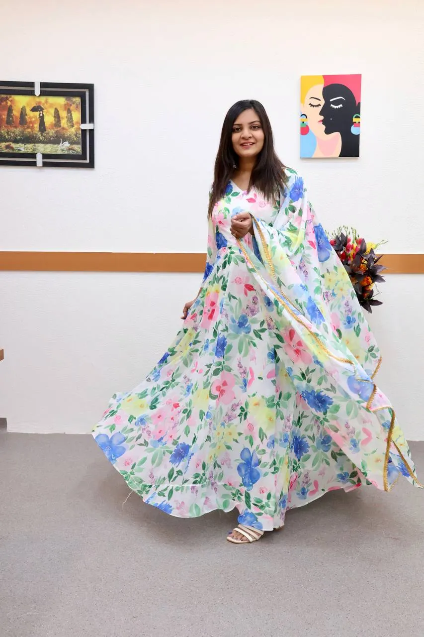 Floral Fantasy White Faux Georgette Anarkali Gown with Digital Print Work