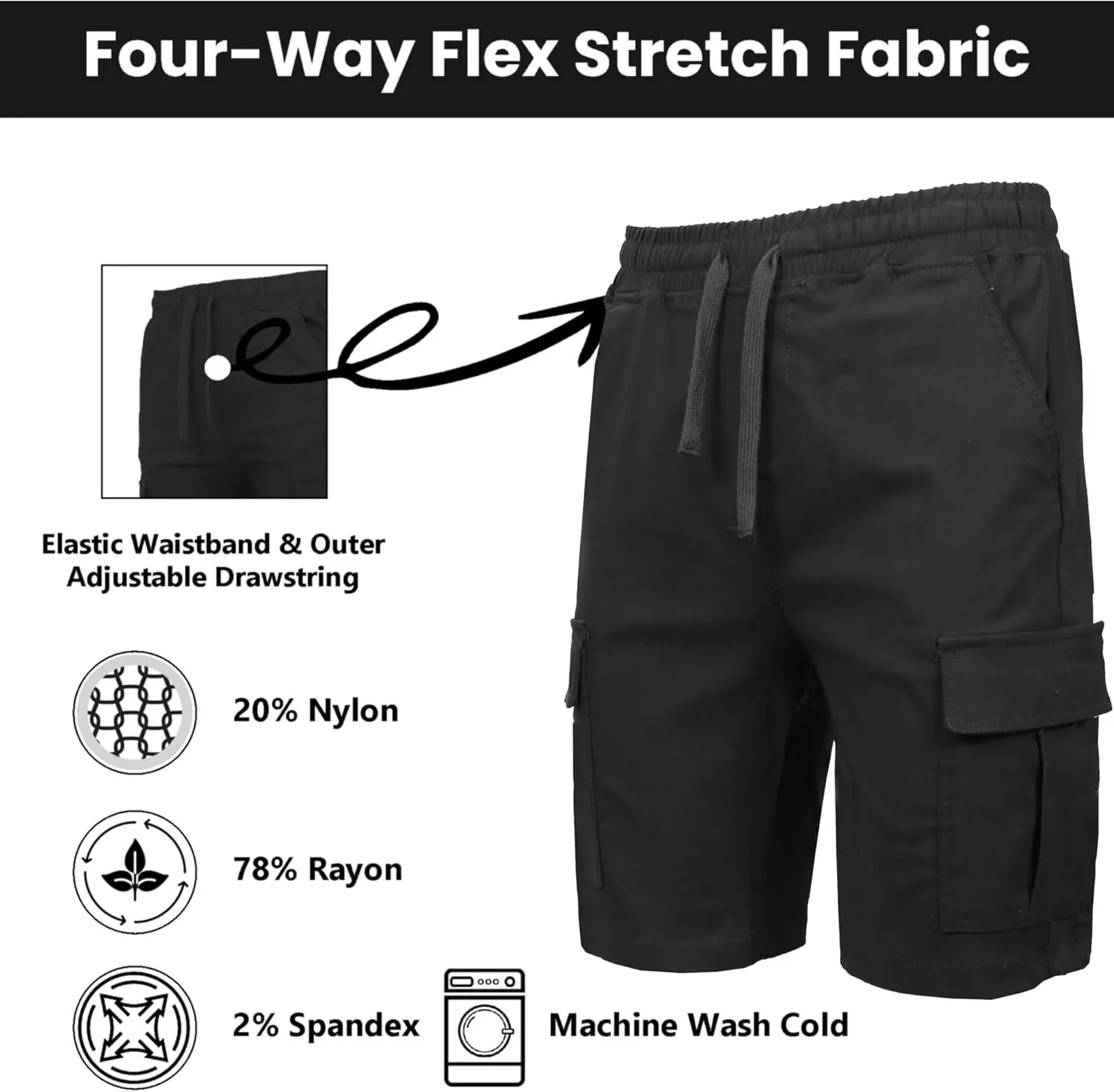 Galaxy by Harvic 3-Pack Men??s Stretch Pull-On Cargo Shorts ?C Elastic Waist, Drawstring, 6 Pockets, 4-Way Flex Fabric (S-2XL)