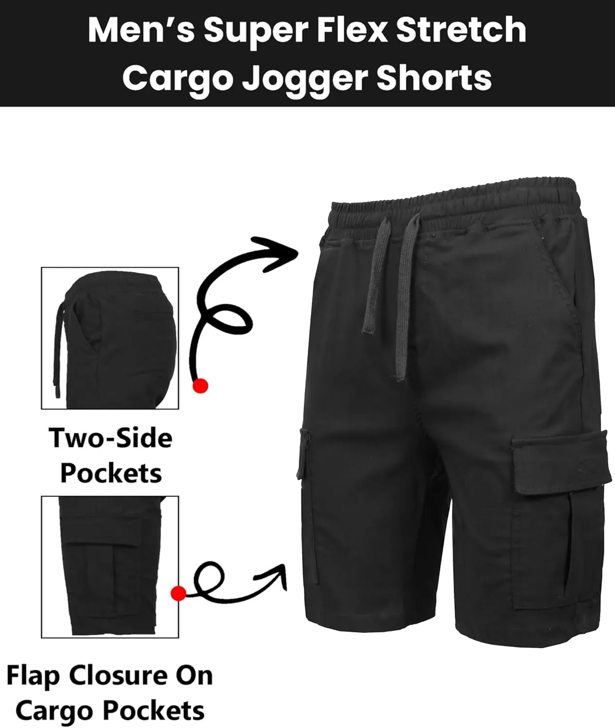 Galaxy by Harvic 3-Pack Men??s Stretch Pull-On Cargo Shorts ?C Elastic Waist, Drawstring, 6 Pockets, 4-Way Flex Fabric (S-2XL)