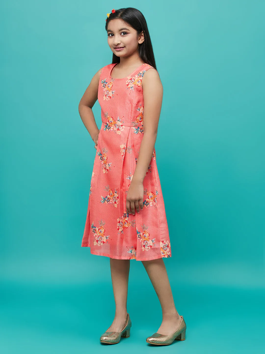 Girl's Orange Floral Printed Box Pleated Dress - Aks Girls
