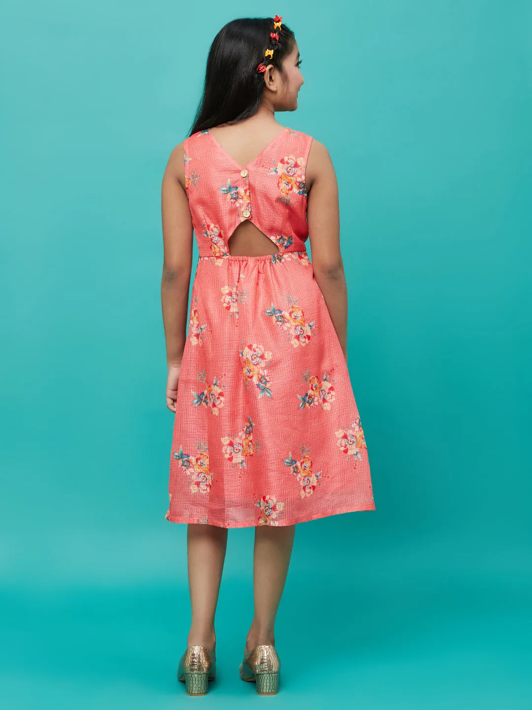 Girl's Orange Floral Printed Box Pleated Dress - Aks Girls