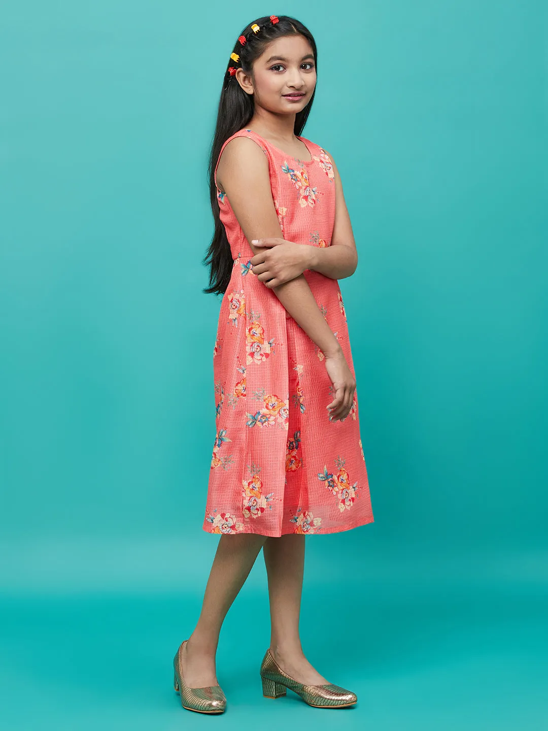 Girl's Orange Floral Printed Box Pleated Dress - Aks Girls