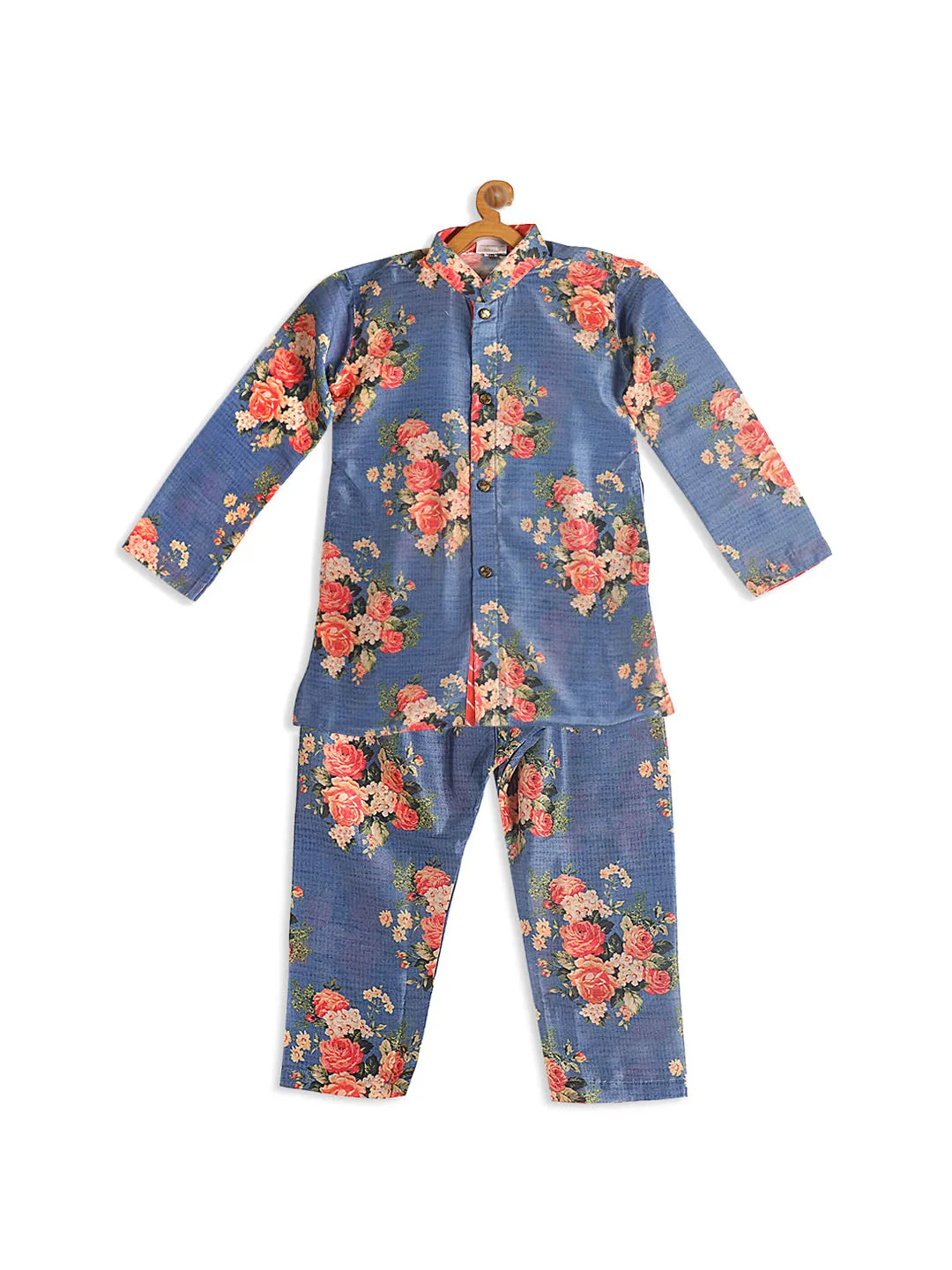 Jashvi Boy's Blue Floral Printed Kurta With Pyjama Set