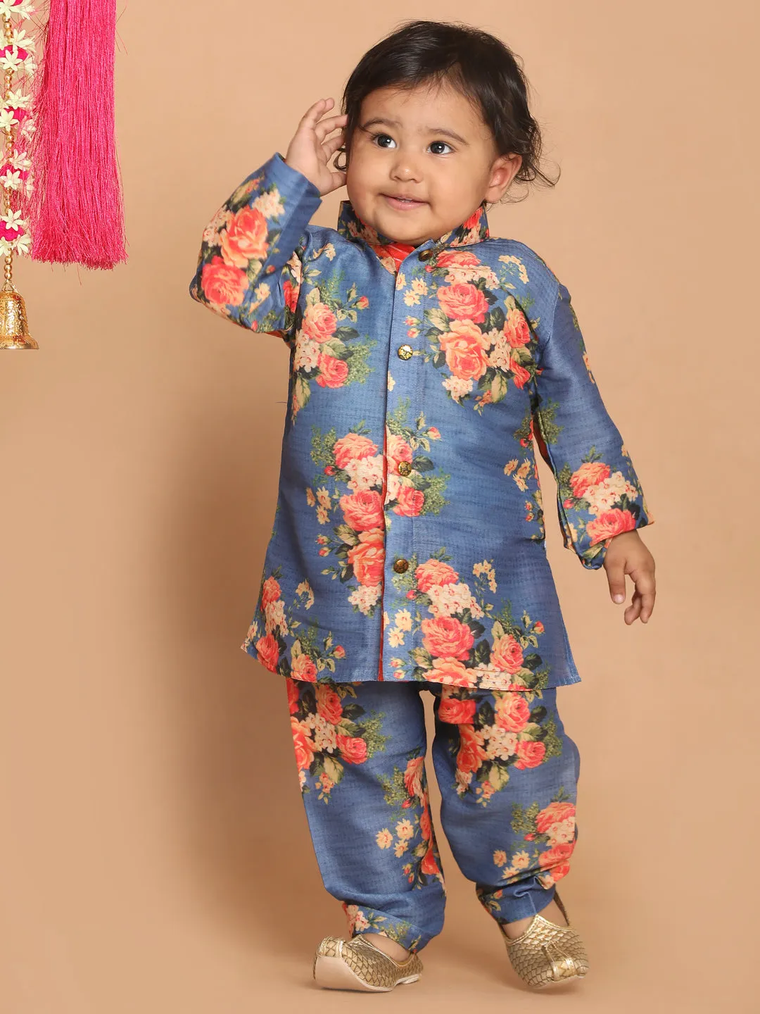 Jashvi Boy's Blue Floral Printed Kurta With Pyjama Set
