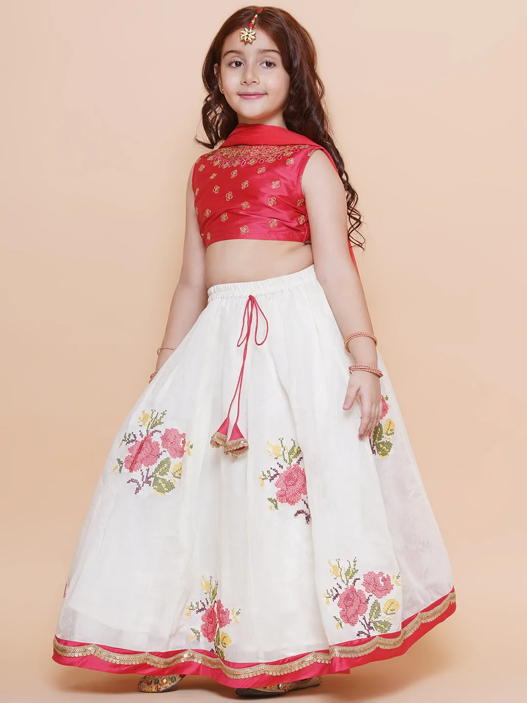 Jashvi Girls Peach embroidered choli & floral embroidered Design Lehenga With Dupatta