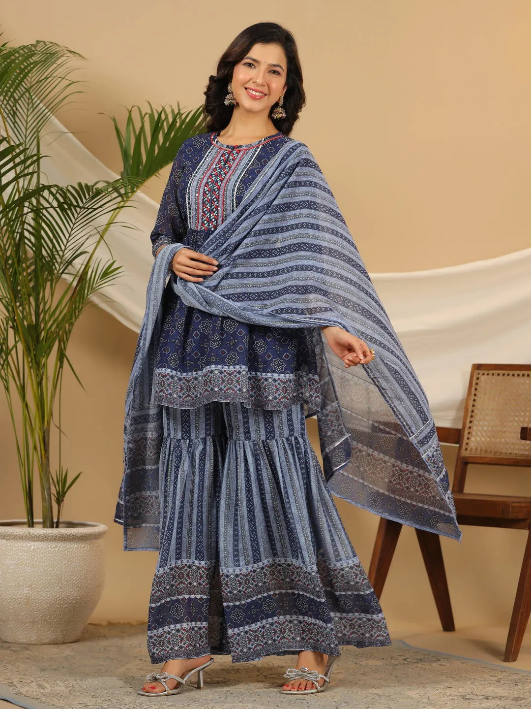 Jashvi  Navy Blue Geometric Printed Georgette Gota Kurta Sharara & Dupatta Set With beads & Sequins