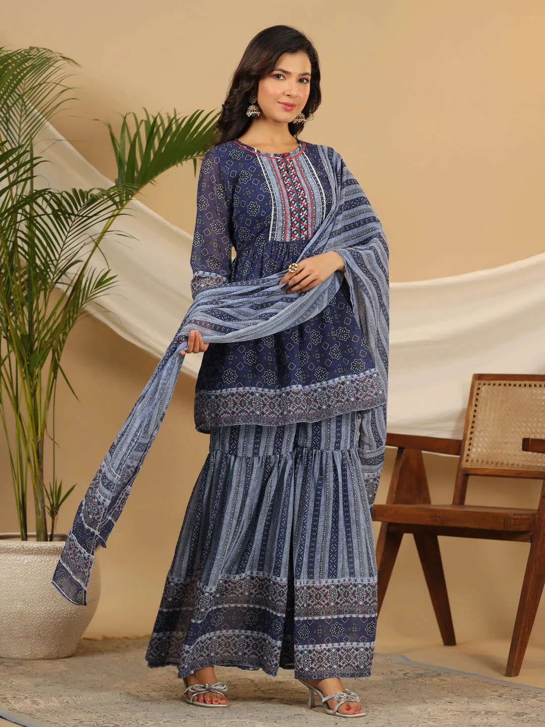 Jashvi  Navy Blue Geometric Printed Georgette Gota Kurta Sharara & Dupatta Set With beads & Sequins