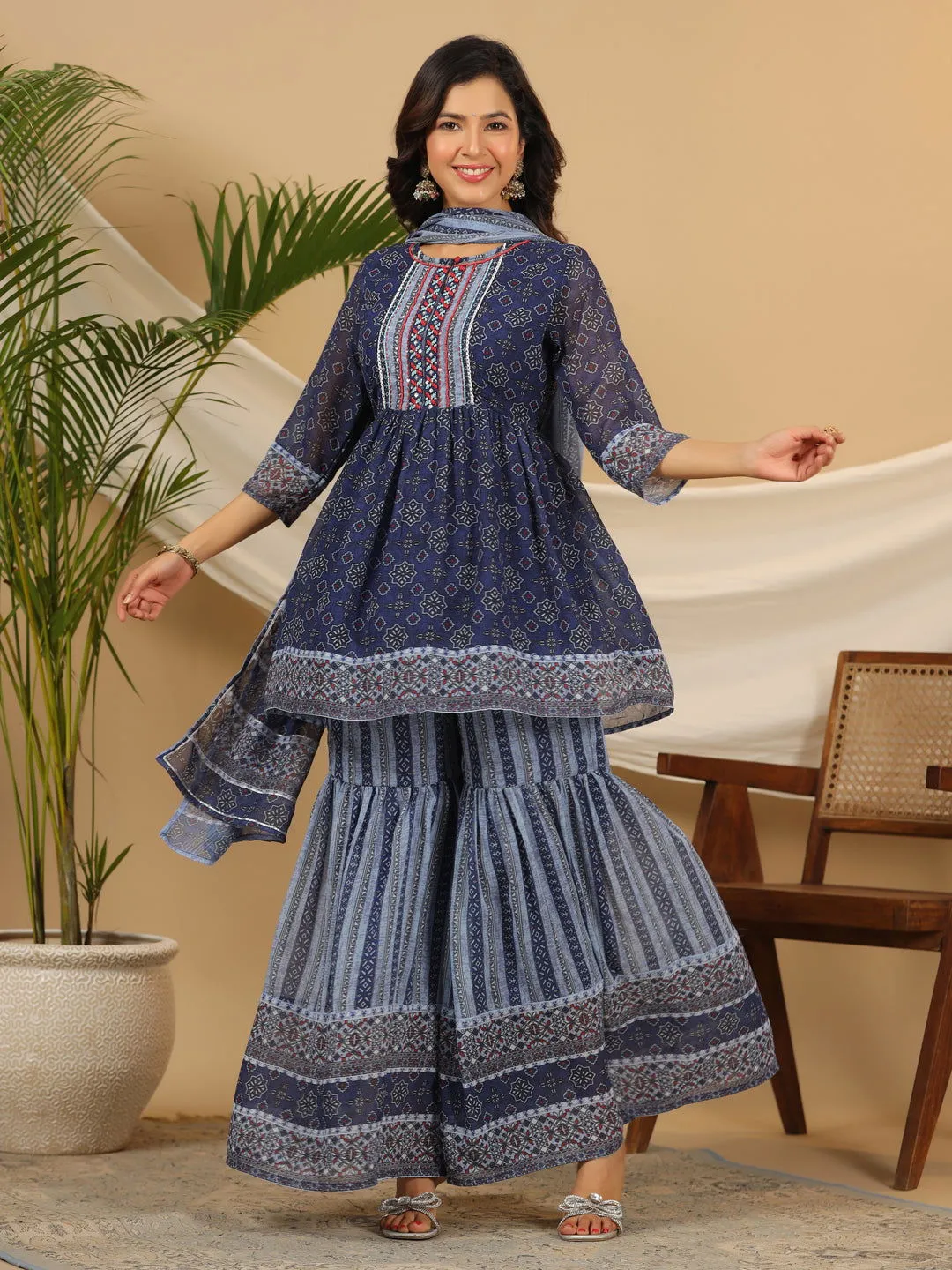 Jashvi  Navy Blue Geometric Printed Georgette Gota Kurta Sharara & Dupatta Set With beads & Sequins