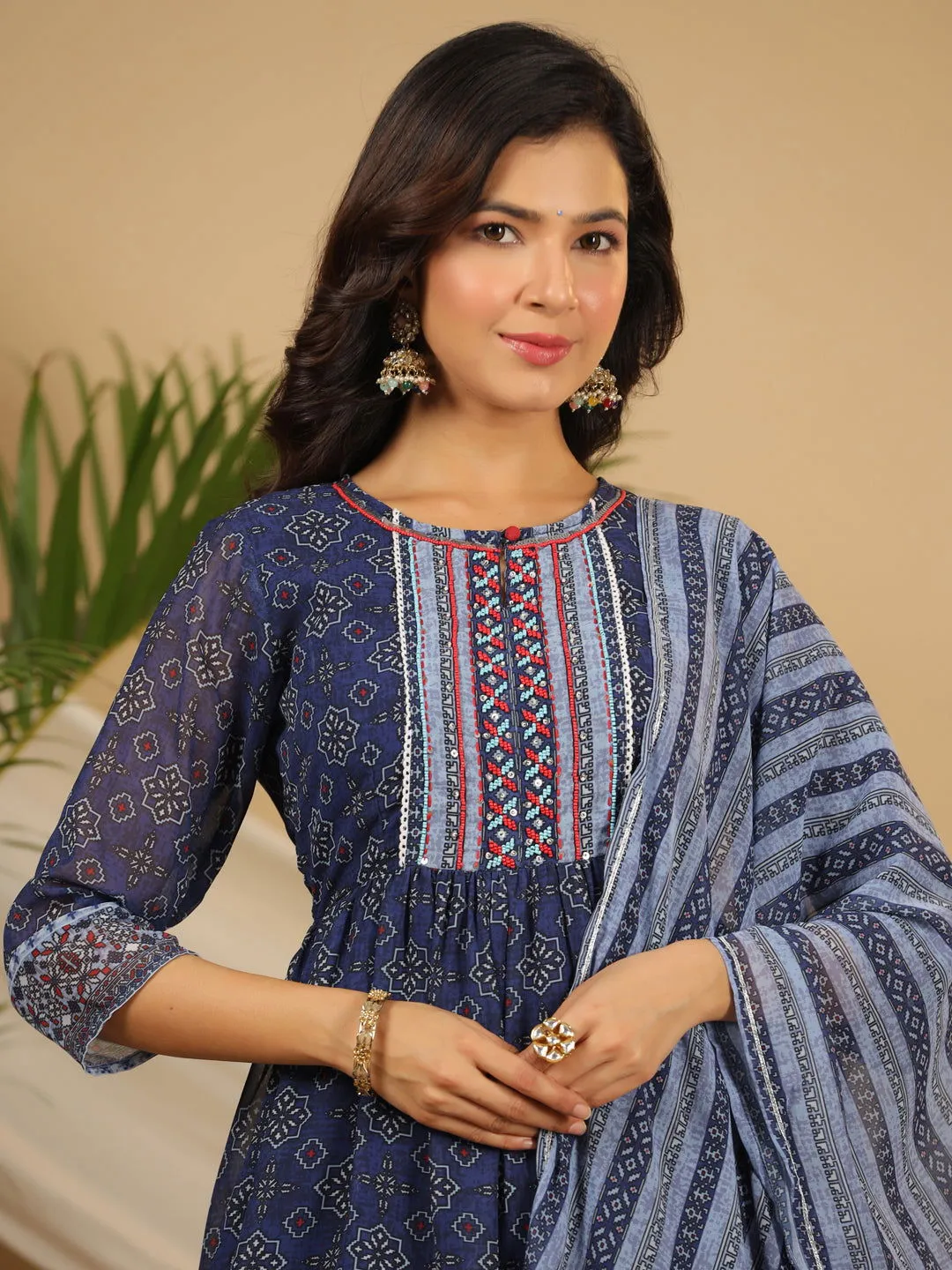 Jashvi  Navy Blue Geometric Printed Georgette Gota Kurta Sharara & Dupatta Set With beads & Sequins