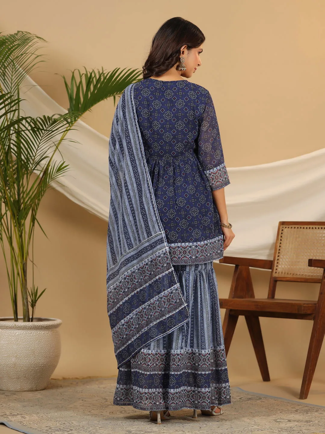 Jashvi  Navy Blue Geometric Printed Georgette Gota Kurta Sharara & Dupatta Set With beads & Sequins