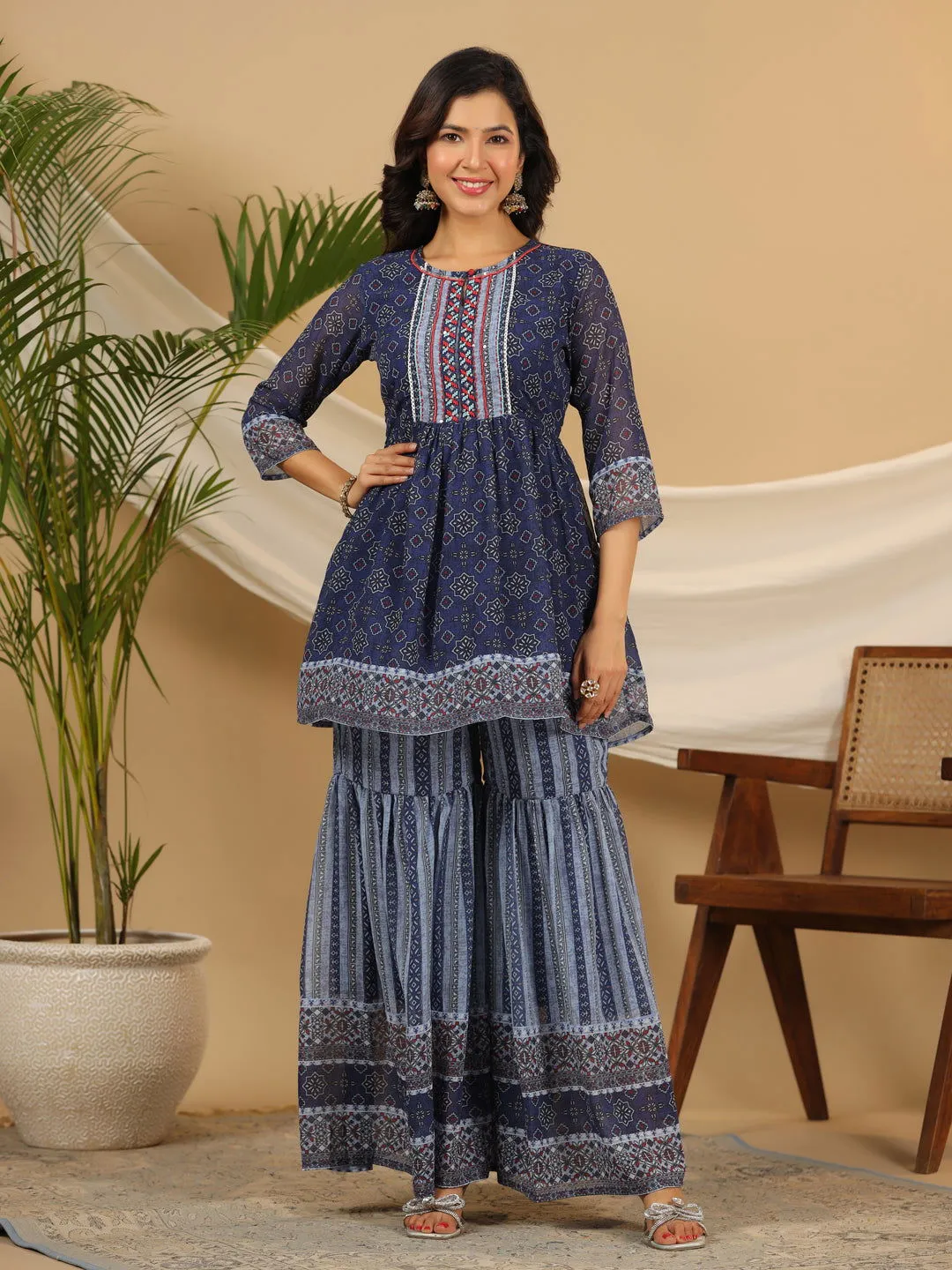 Jashvi  Navy Blue Geometric Printed Georgette Gota Kurta Sharara & Dupatta Set With beads & Sequins