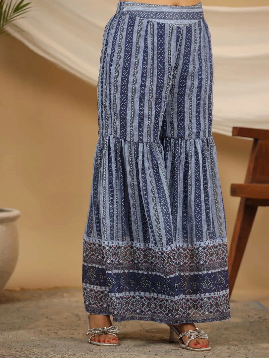 Jashvi  Navy Blue Geometric Printed Georgette Gota Kurta Sharara & Dupatta Set With beads & Sequins