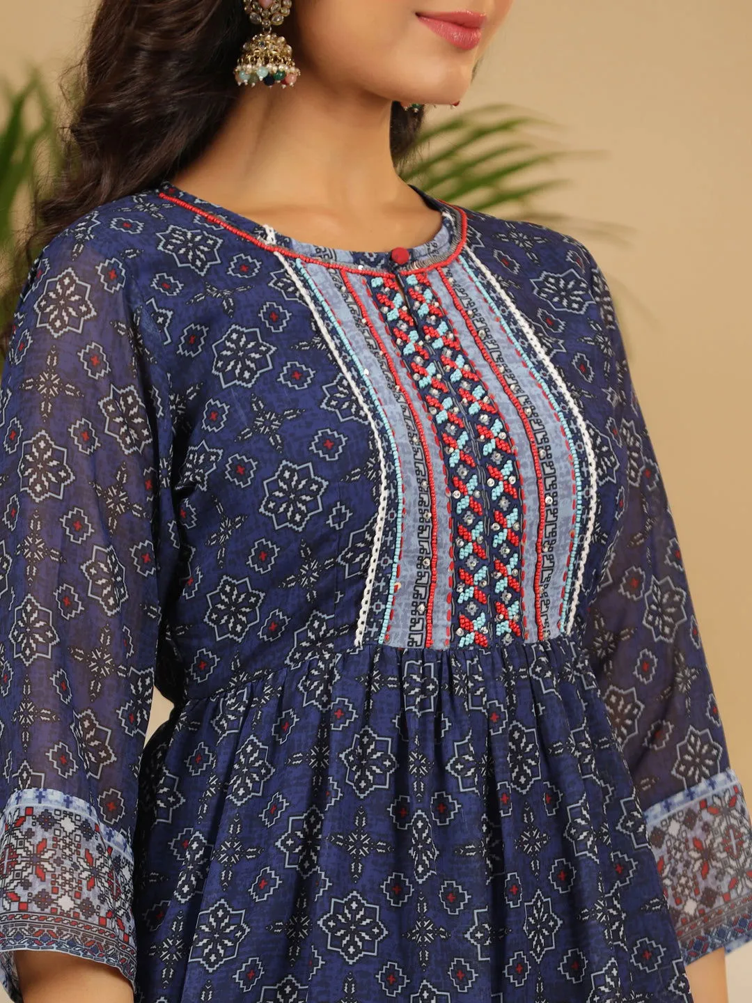 Jashvi  Navy Blue Geometric Printed Georgette Gota Kurta Sharara & Dupatta Set With beads & Sequins