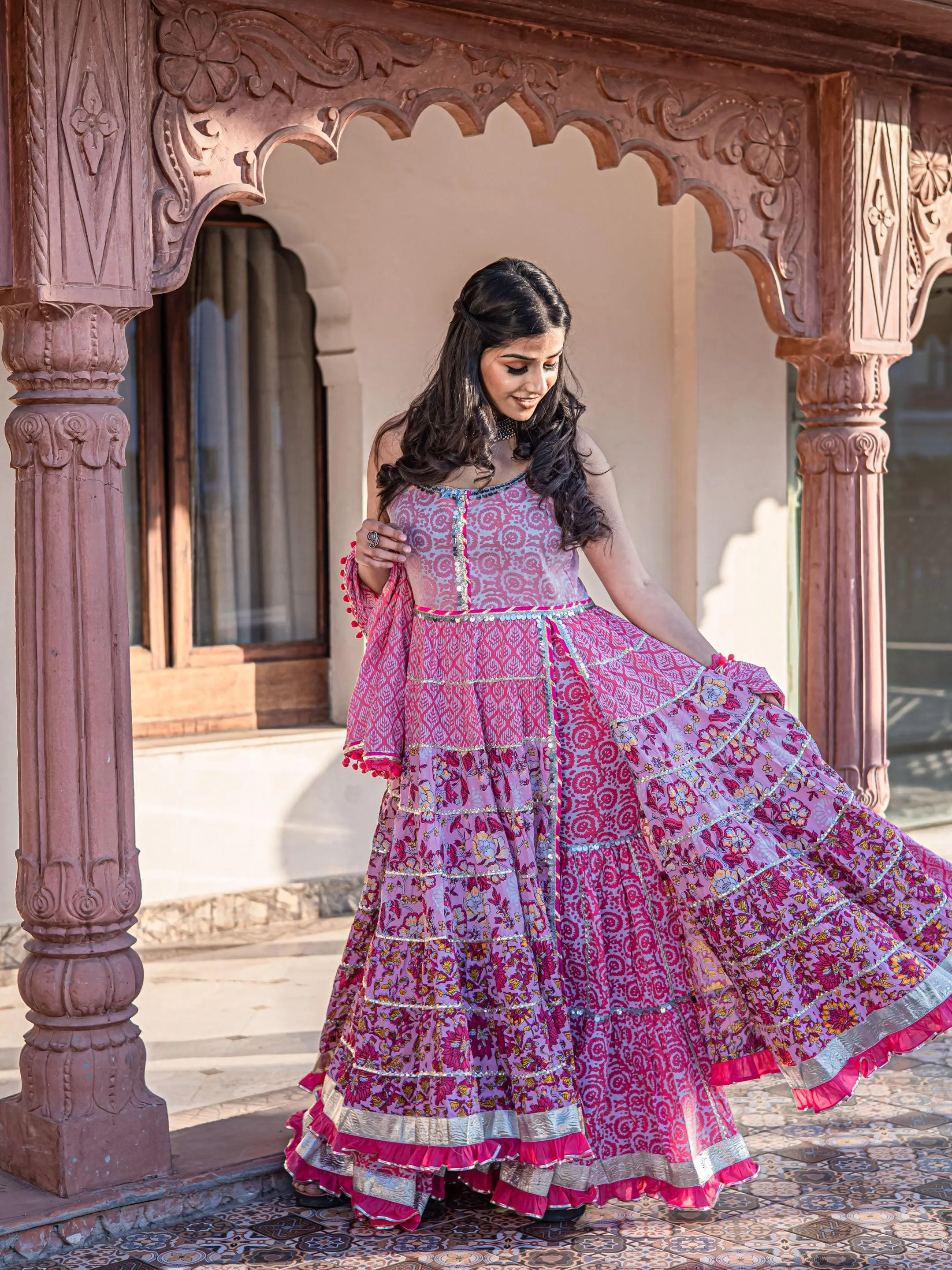 Jashvi Pink Cotton Sleeves less Anarkali Sharara set with Dupatta