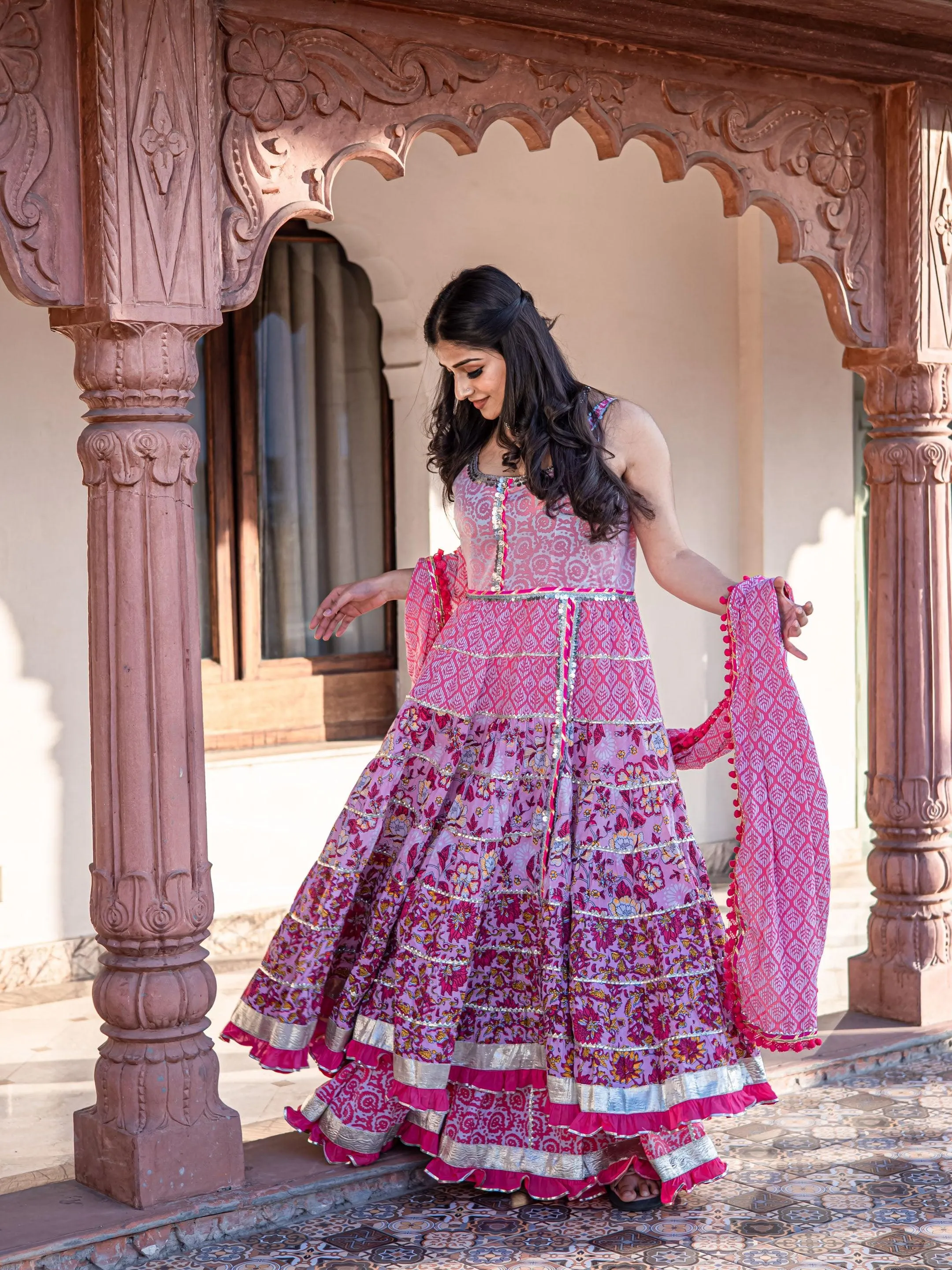 Jashvi Pink Cotton Sleeves less Anarkali Sharara set with Dupatta