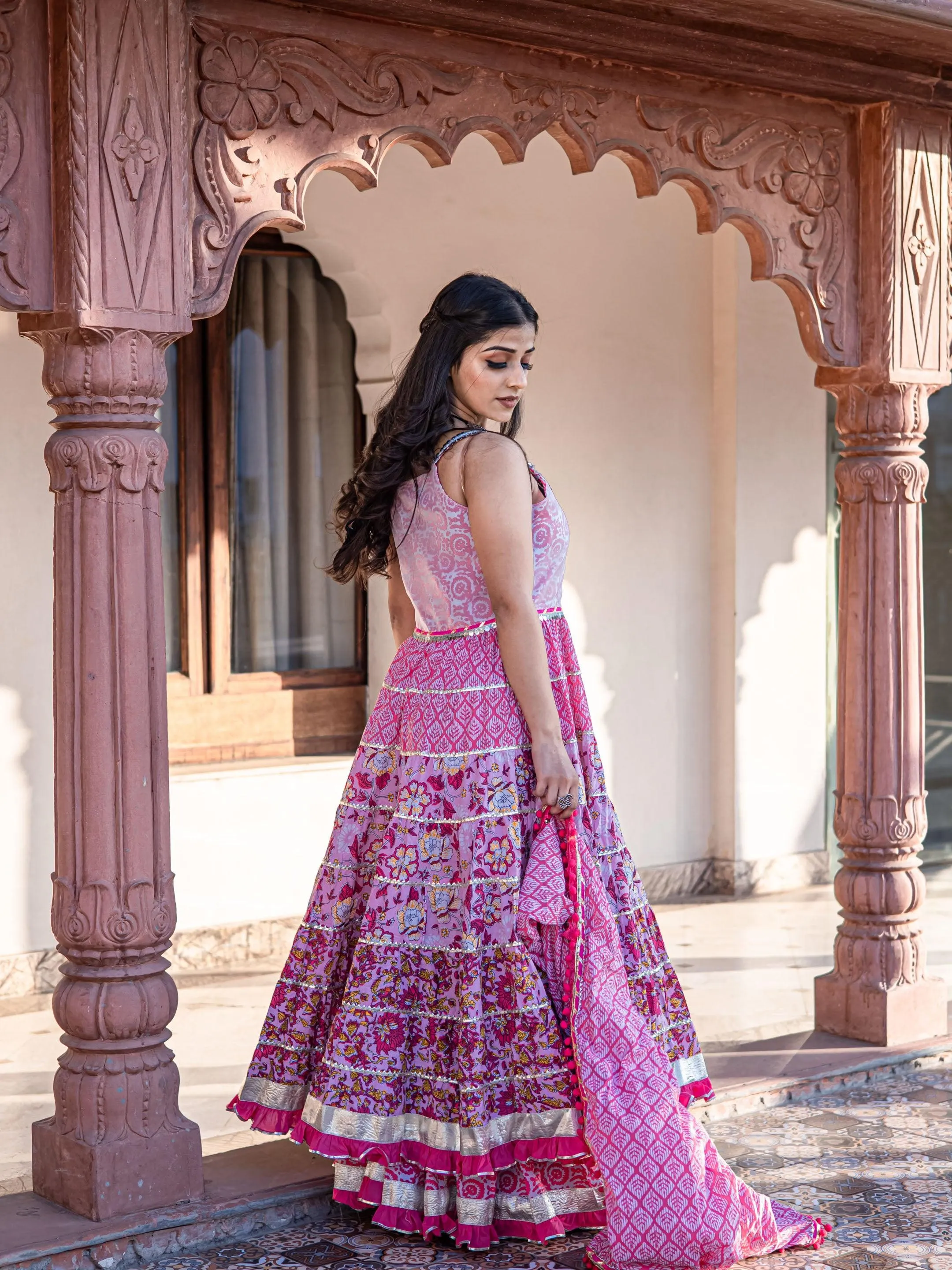 Jashvi Pink Cotton Sleeves less Anarkali Sharara set with Dupatta