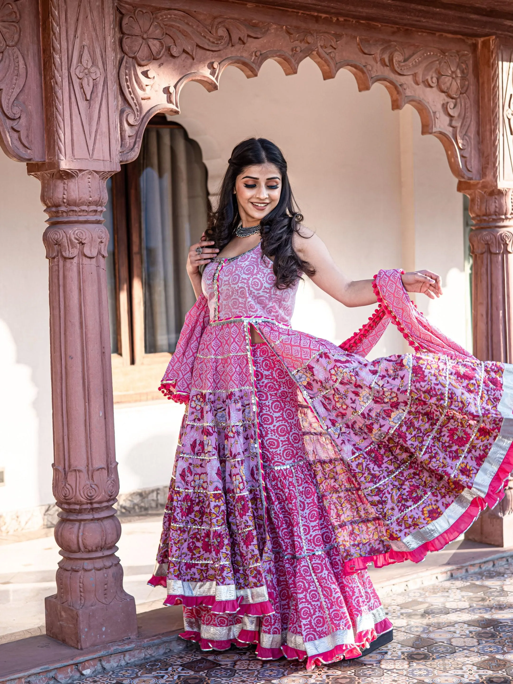 Jashvi Pink Cotton Sleeves less Anarkali Sharara set with Dupatta