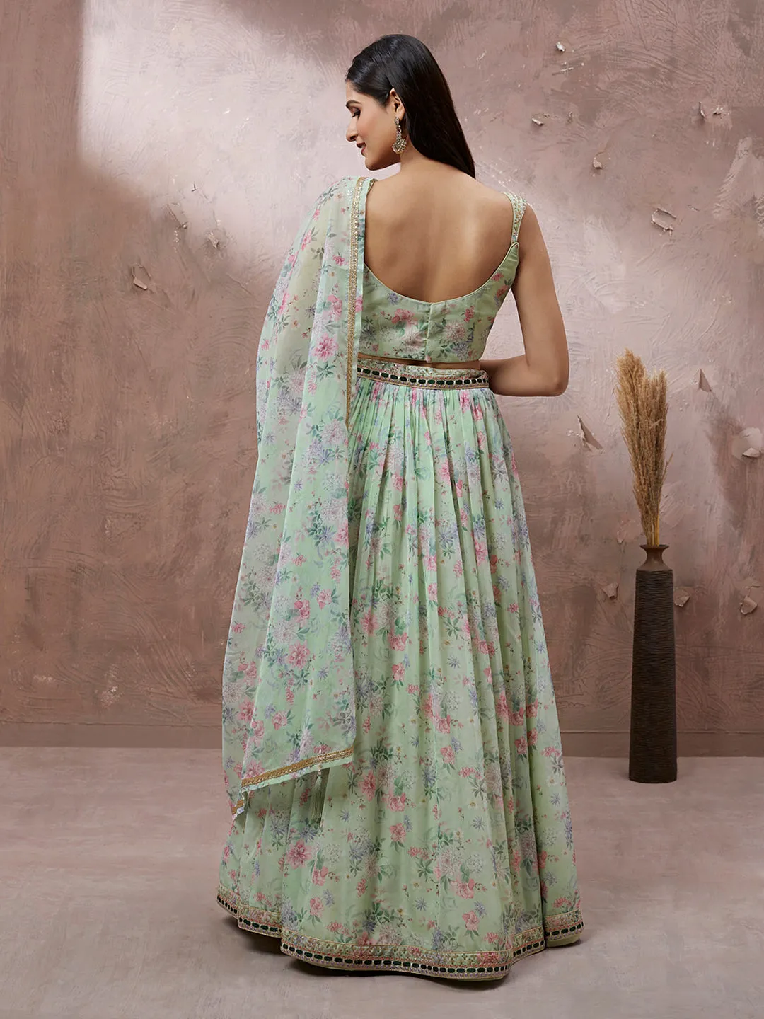 Lime Green Organza Floral Printed Semi-Stitched Lehenga choli & Dupatta