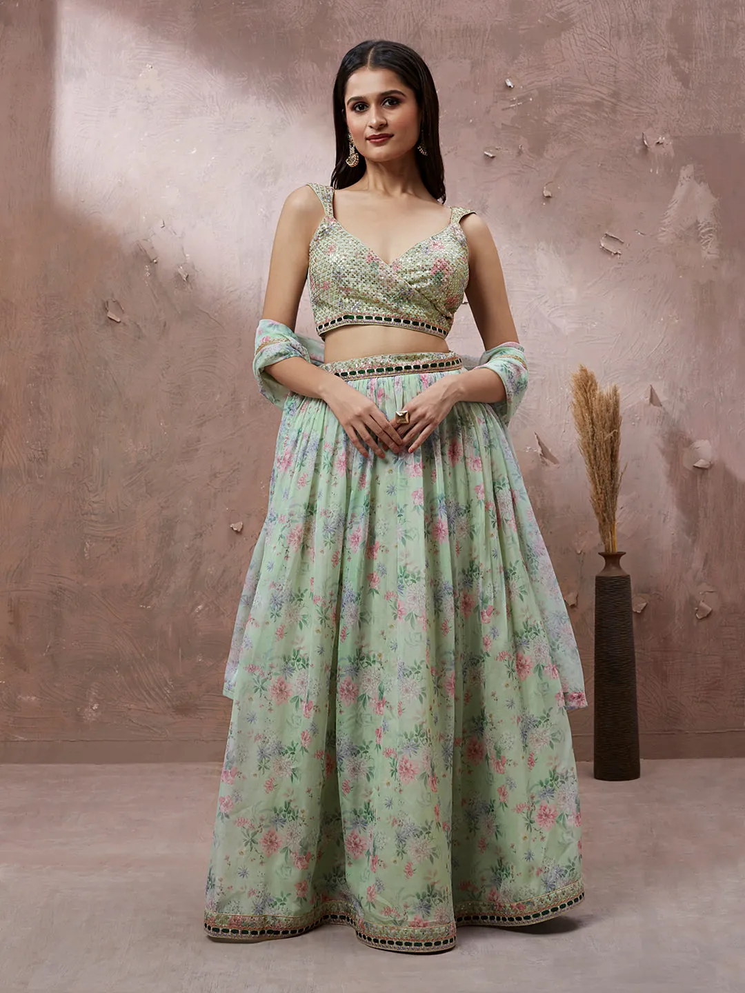 Lime Green Organza Floral Printed Semi-Stitched Lehenga choli & Dupatta