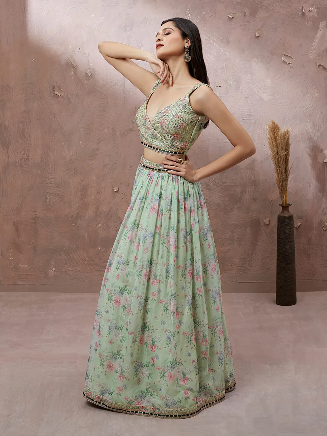 Lime Green Organza Floral Printed Semi-Stitched Lehenga choli & Dupatta