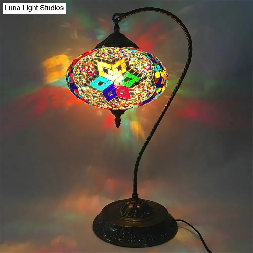 Éléonore - Stained Glass Oblong Night Light Table Lamp - Single Head, Curved Arm,