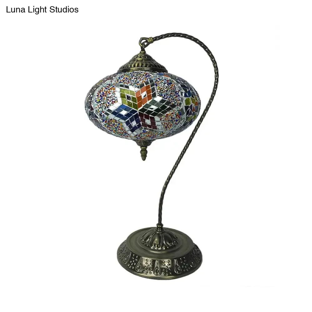 Éléonore - Stained Glass Oblong Night Light Table Lamp - Single Head, Curved Arm,