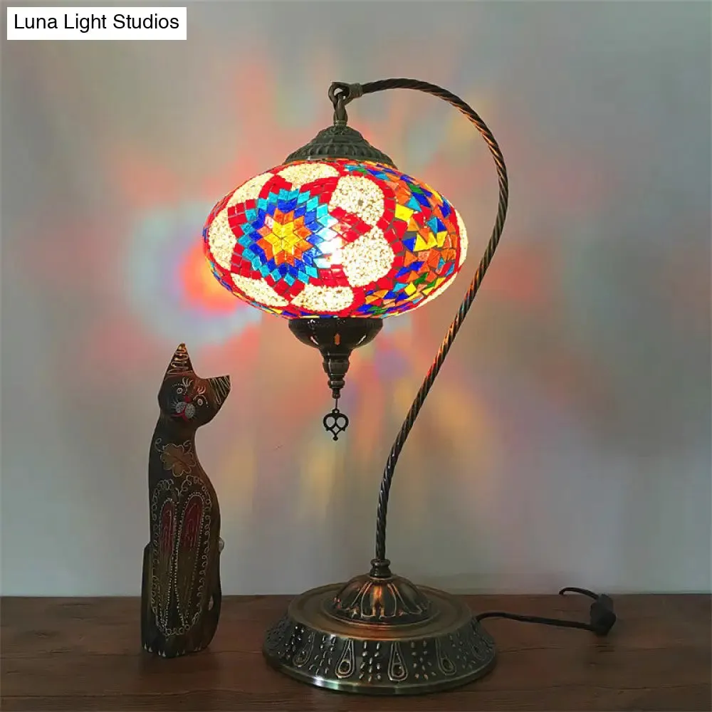 Éléonore - Stained Glass Oblong Night Light Table Lamp - Single Head, Curved Arm,