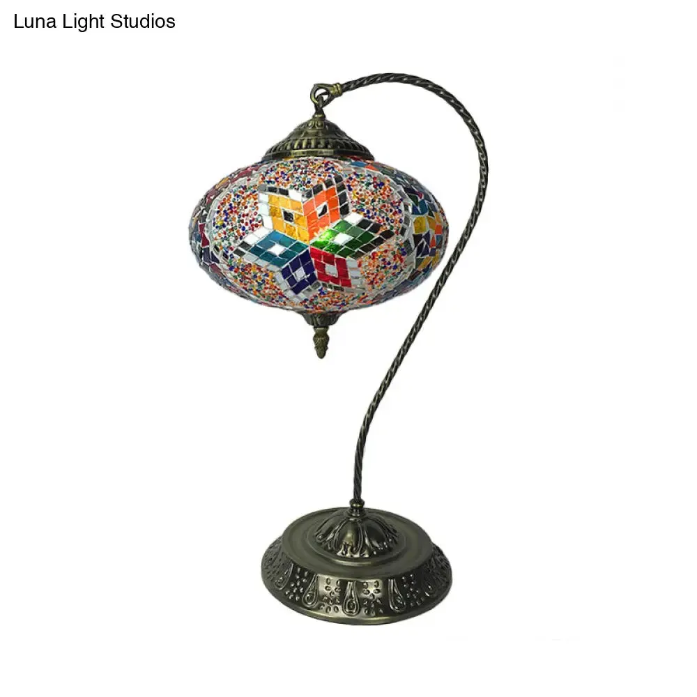 Éléonore - Stained Glass Oblong Night Light Table Lamp - Single Head, Curved Arm,