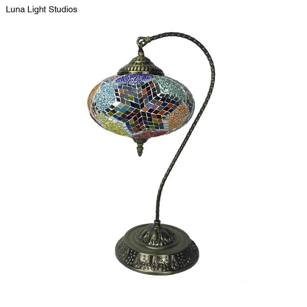 Éléonore - Stained Glass Oblong Night Light Table Lamp - Single Head, Curved Arm,