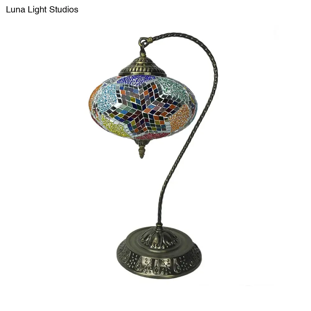 Éléonore - Stained Glass Oblong Night Light Table Lamp - Single Head, Curved Arm,
