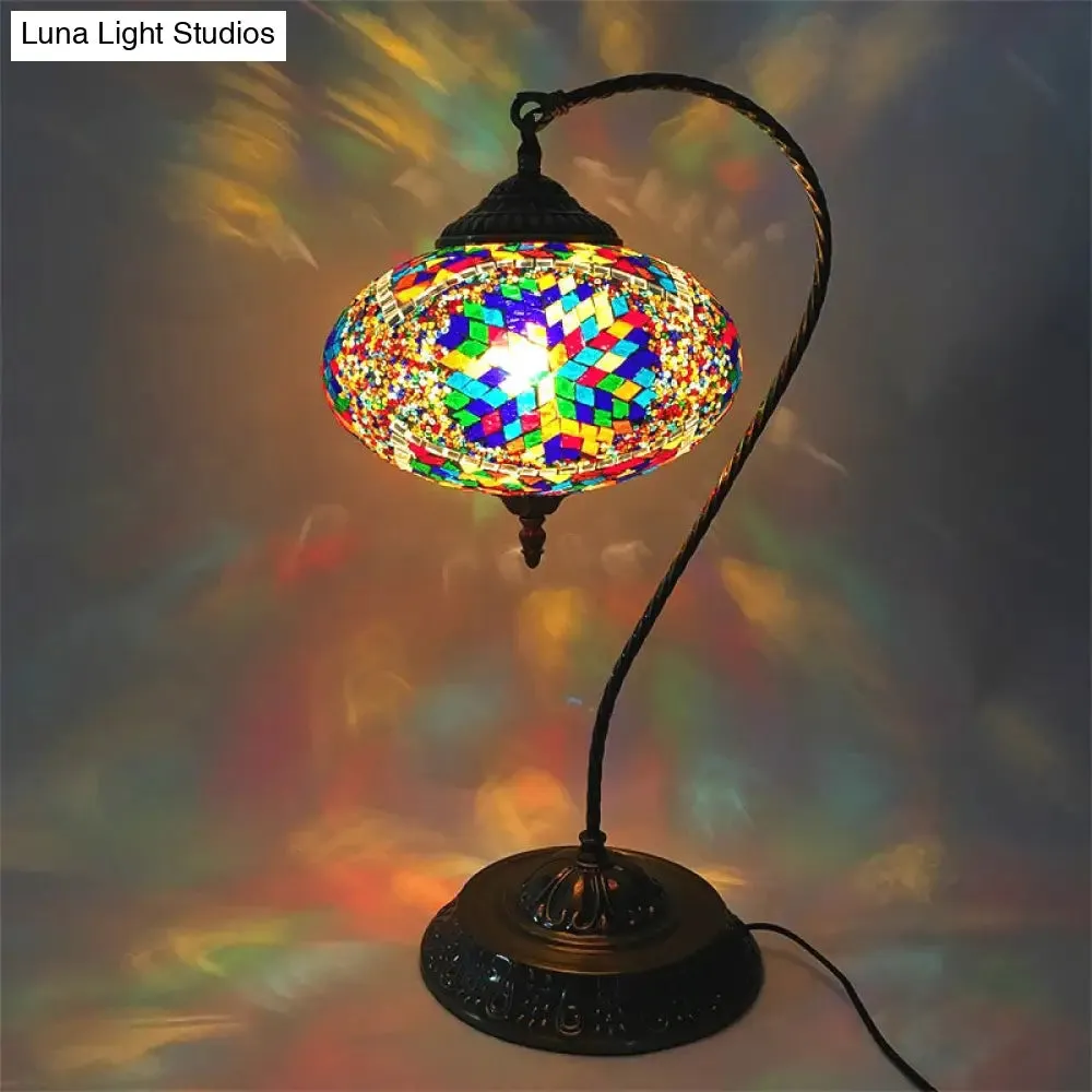 Éléonore - Stained Glass Oblong Night Light Table Lamp - Single Head, Curved Arm,
