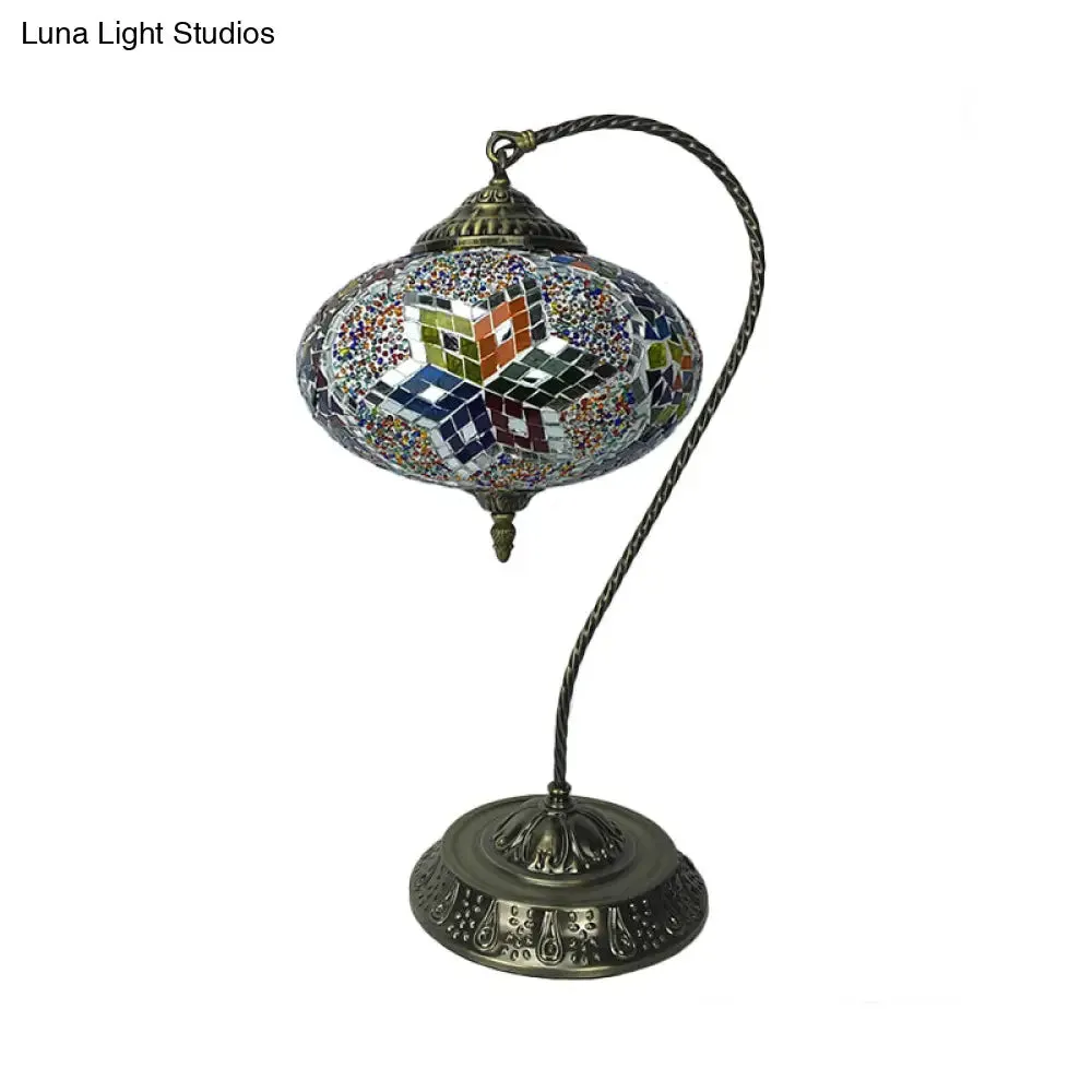 Éléonore - Stained Glass Oblong Night Light Table Lamp - Single Head, Curved Arm,